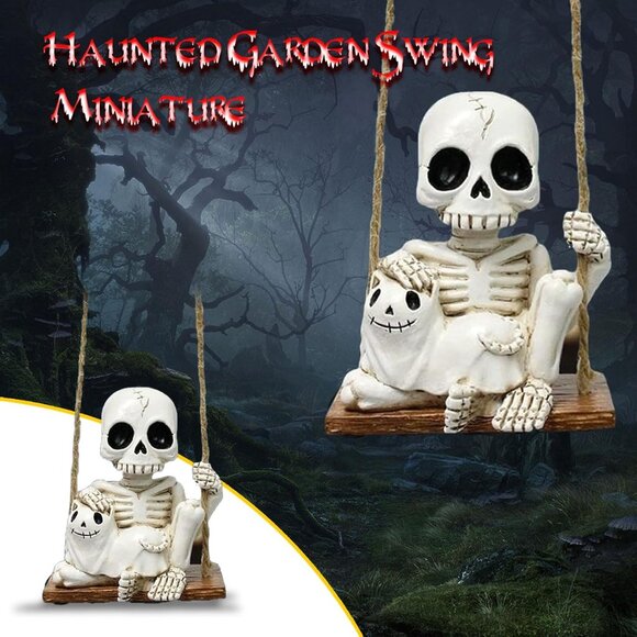 White Mini Resin Swing Skeleton Holding Ghost Cat Statue (3.1in) Halloween Decor - Picture 5 of 7
